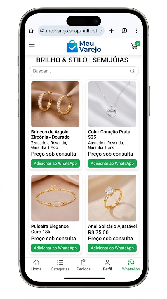 Catálogo digital de semijóias do Meu Varejo aberto no celular
