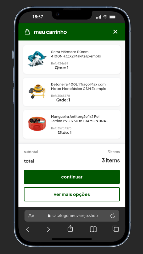 Catálogo online do Meu Varejo integrado com WhatsApp mostrando carrinho e pedido organizado